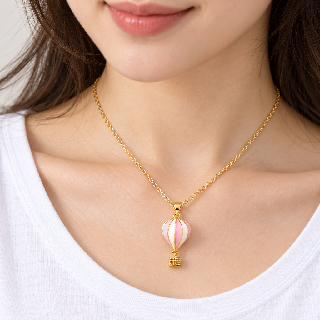 Hot Air Balloon Pendant Necklace — Pink & Gold