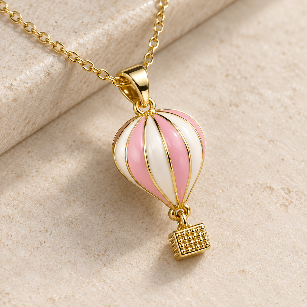 Hot Air Balloon Pendant Necklace — Pink & Gold