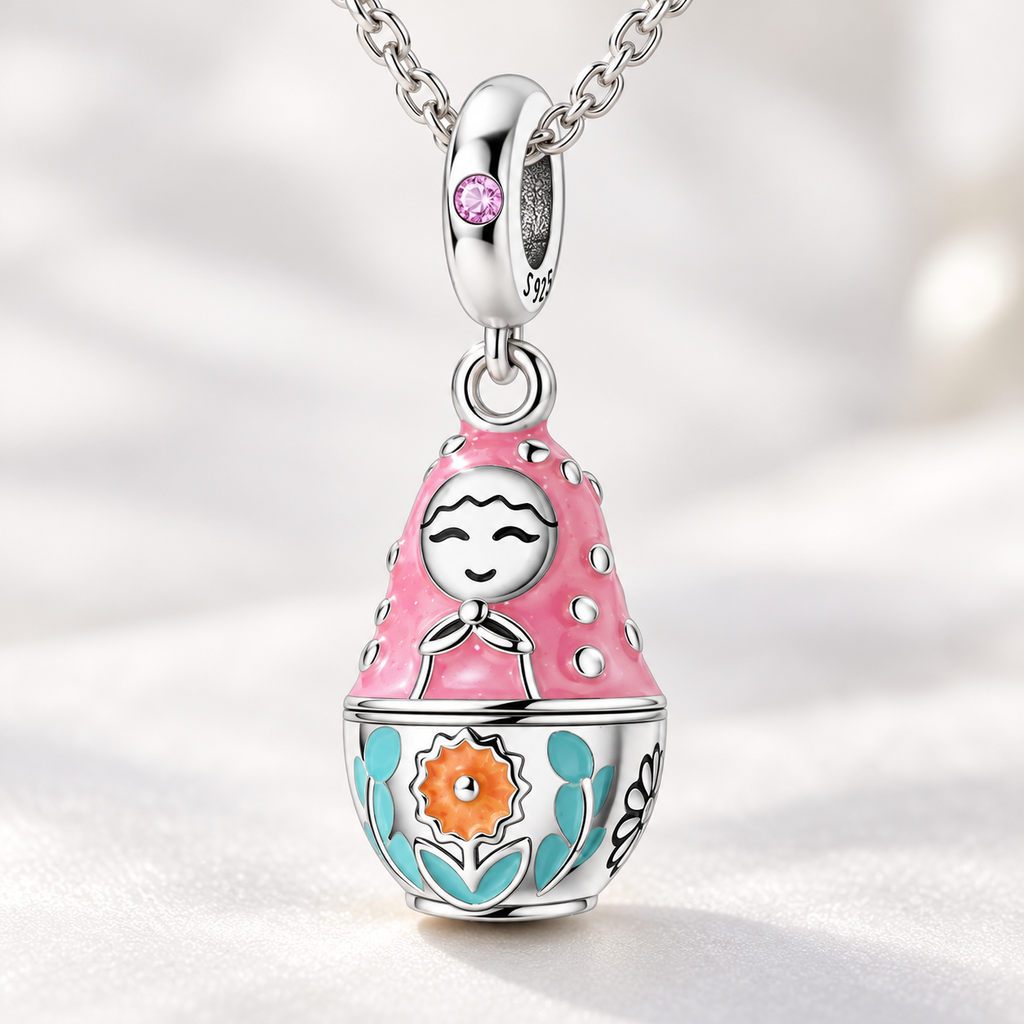 Matryoshka Charm Pendant — Pink Enamel Locket