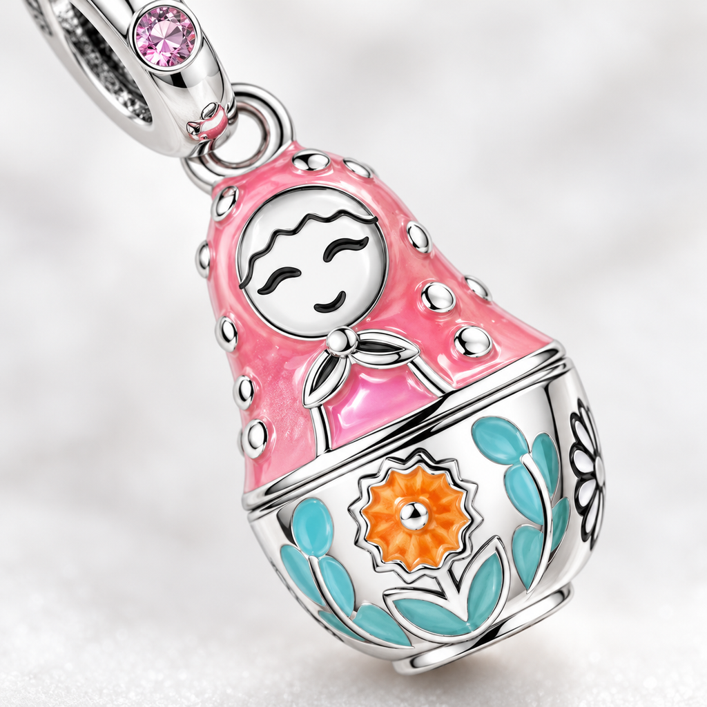 Matryoshka Charm Pendant — Pink Enamel Locket