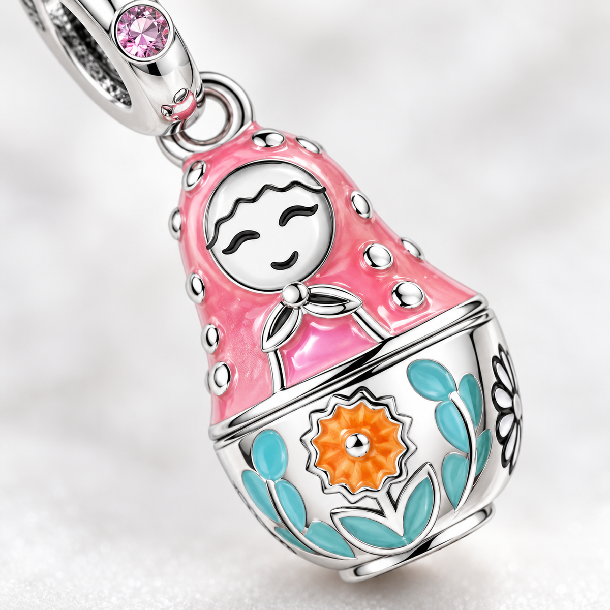 Matryoshka Charm Pendant — Pink Enamel Locket