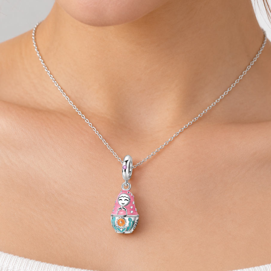 Matryoshka Charm Pendant — Pink Enamel Locket