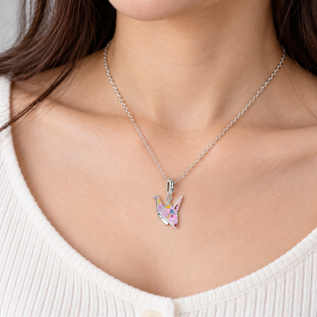 Origami Crane Charm Pendant — Pink Enamel