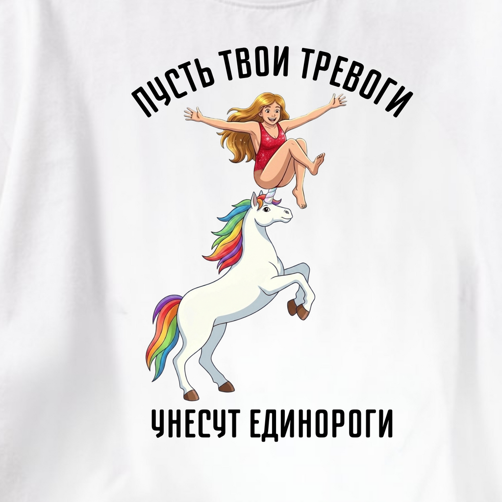 ФУТБОЛКА С ПРИНТОМ "Пусть Твои Тревоги Унесут Единороги"