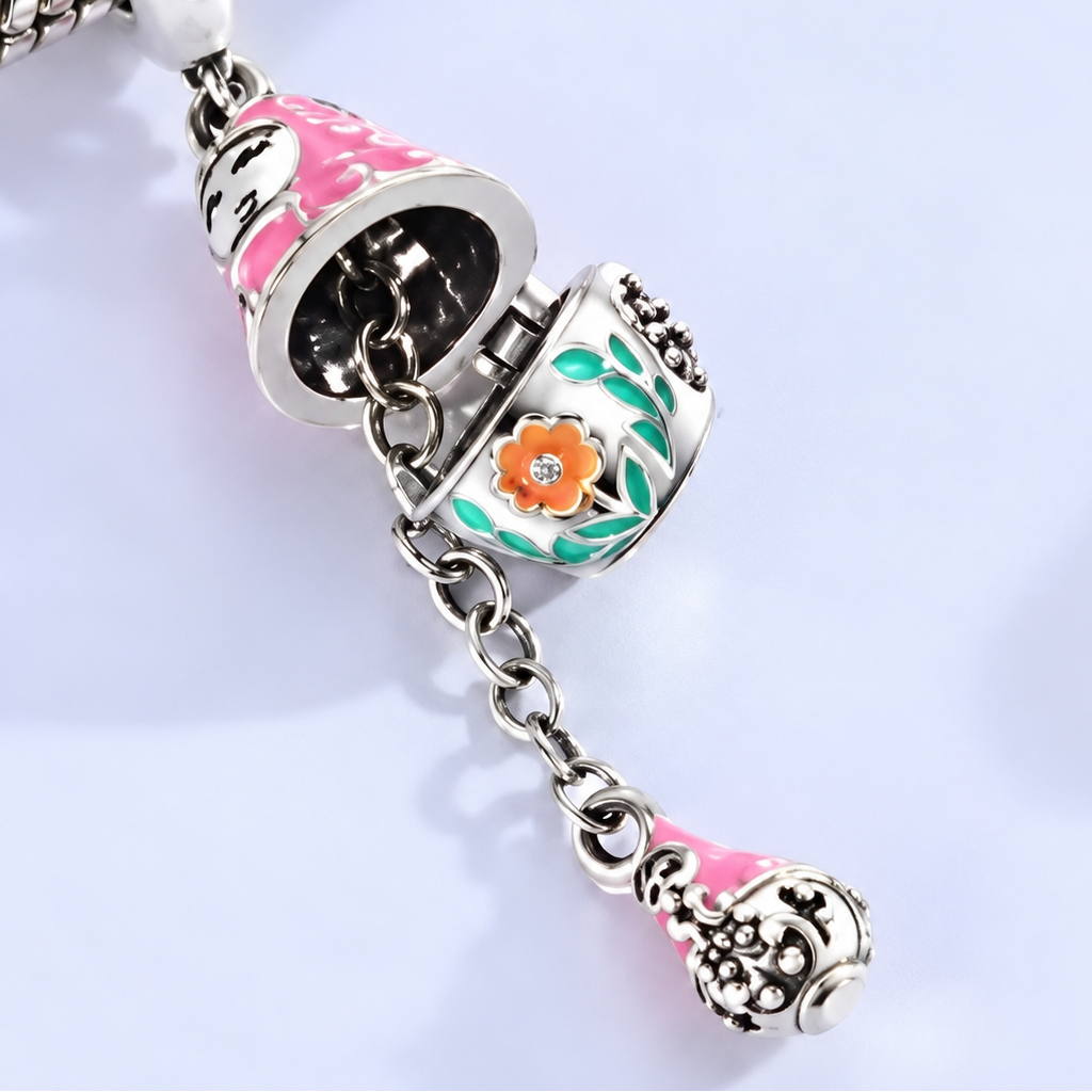 Matryoshka Charm Pendant — Pink Enamel Locket