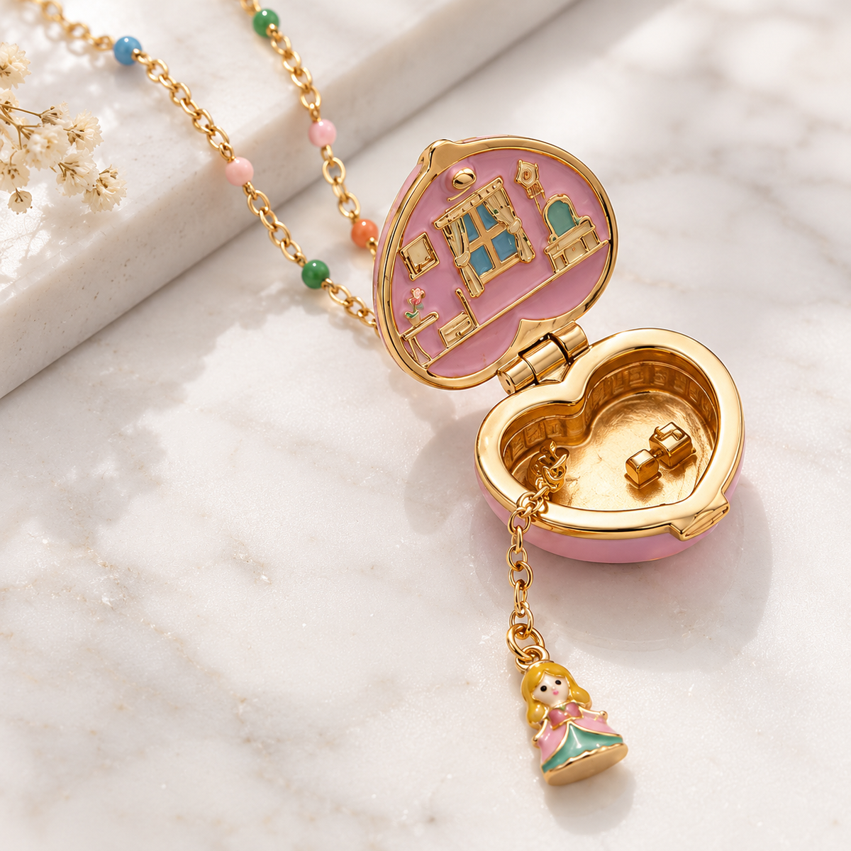 Secret Castle Heart Locket Necklace — Pink & Gold
