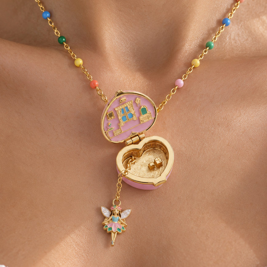 Secret Castle Heart Locket Necklace — Pink & Gold