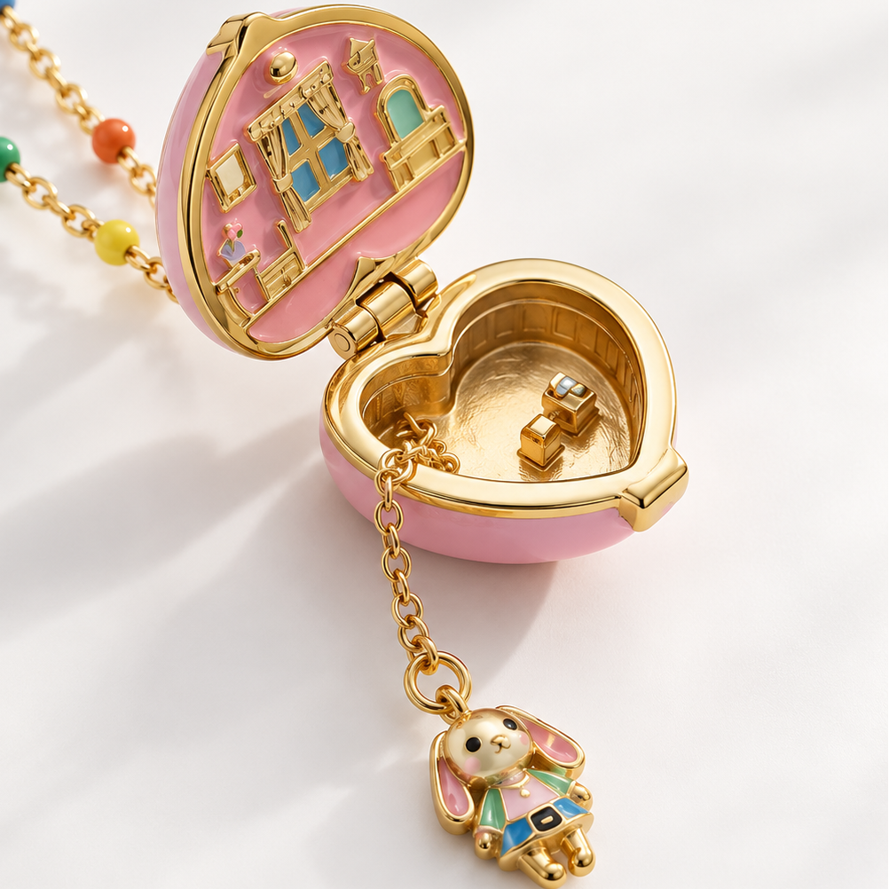 Secret Castle Heart Locket Necklace — Pink & Gold