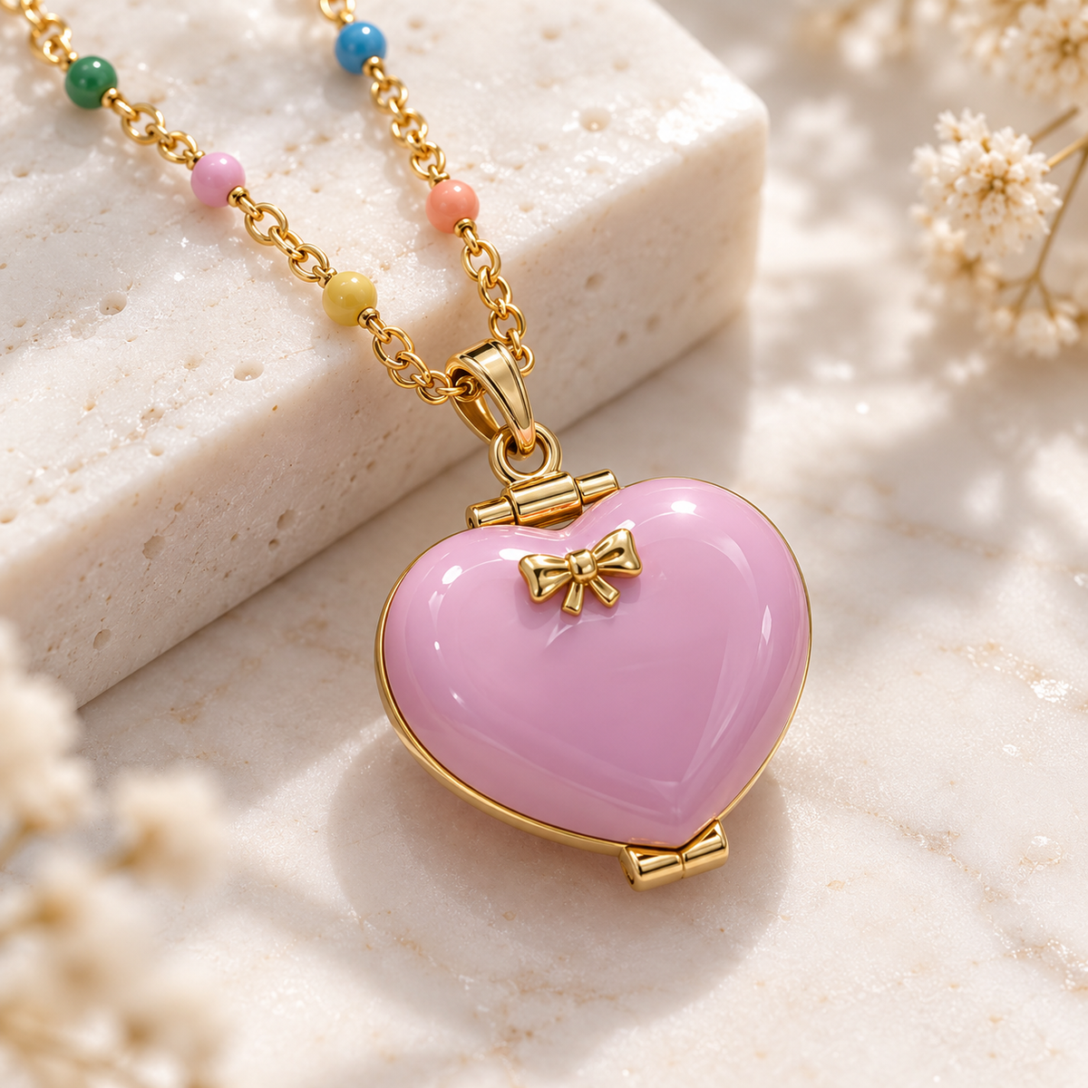 Secret Castle Heart Locket Necklace — Pink & Gold