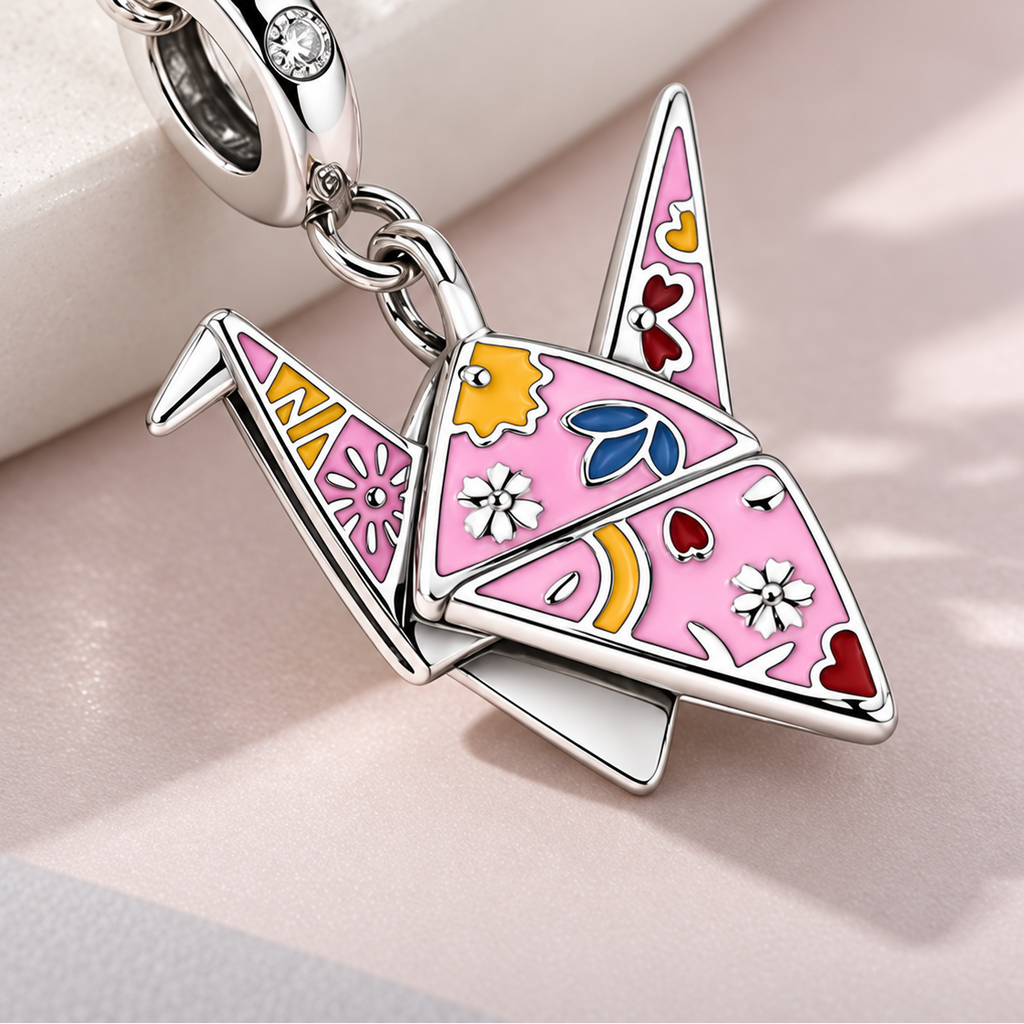 Origami Crane Charm Pendant — Pink Enamel