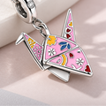 Origami Crane Charm Pendant — Pink Enamel
