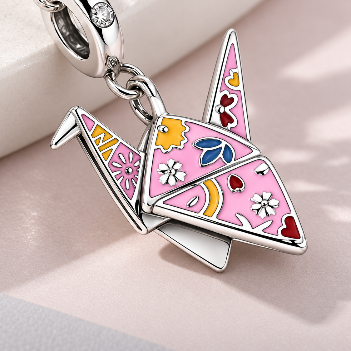 Origami Crane Charm Pendant — Pink Enamel